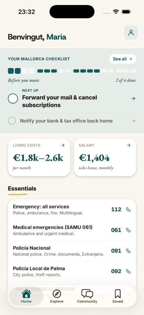 Ternli app showing the Mallorca home screen with checklist, cost and salary calculators, and essential numbers
